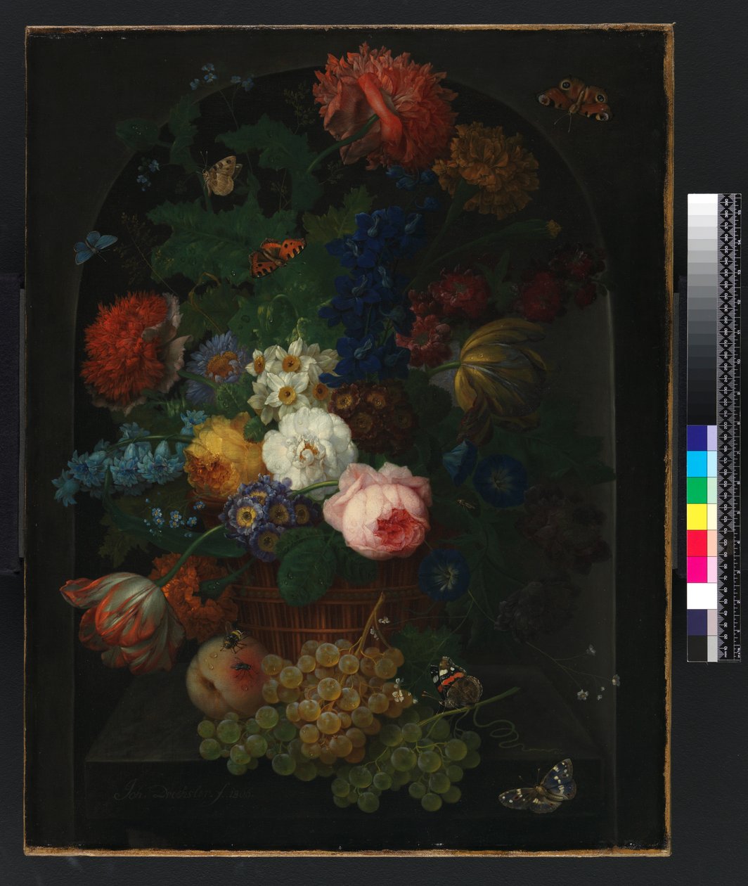 Una cesta de flores con frutas de Johann Baptist Drechsler