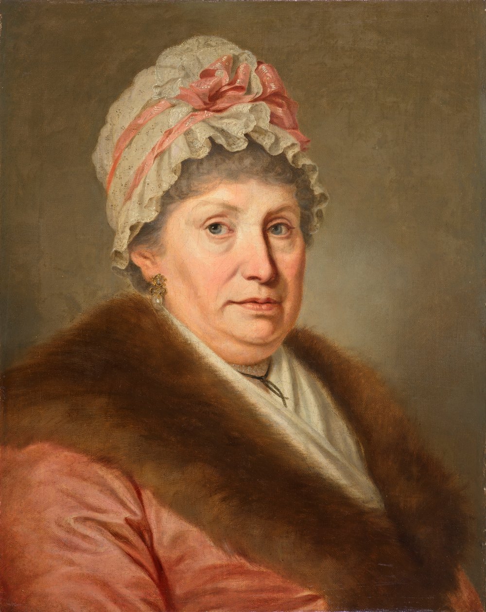 Mujer burguesa con capucha de encaje y cuello de piel. de Johann Baptist Lampi d. Ä.