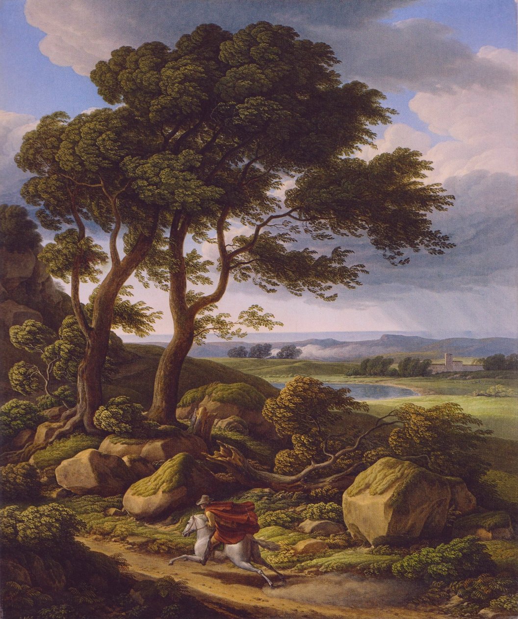 Alemán: Paisaje tormentoso con jinete. de Johann Christian Reinhart