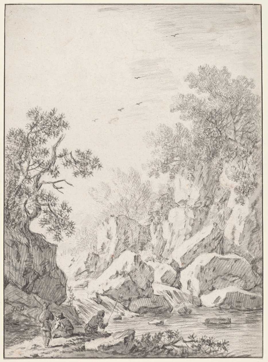 Una cascada junto a acantilados rocosos, 1750s de Johann Christoph Dietzsch