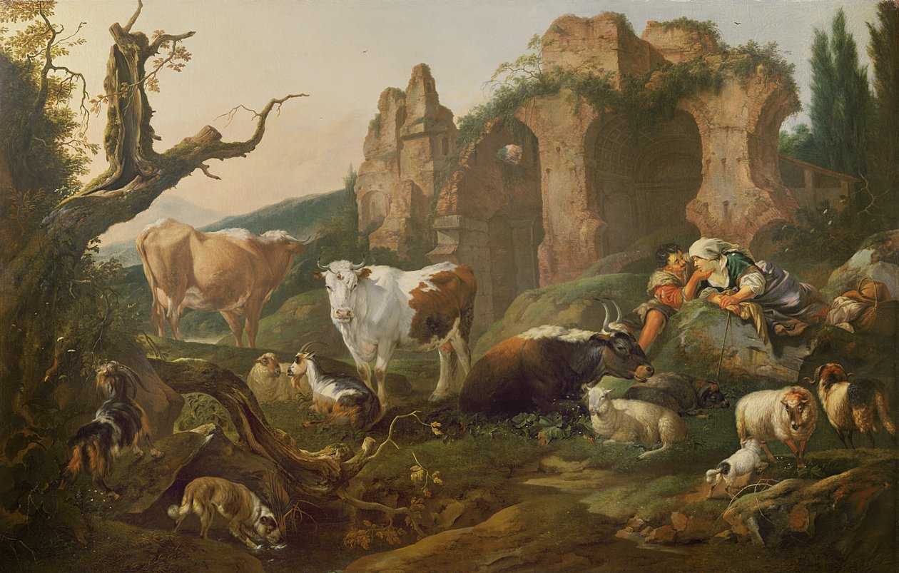 Animales de granja en un paisaje, 1685 de Johann Heinrich Roos