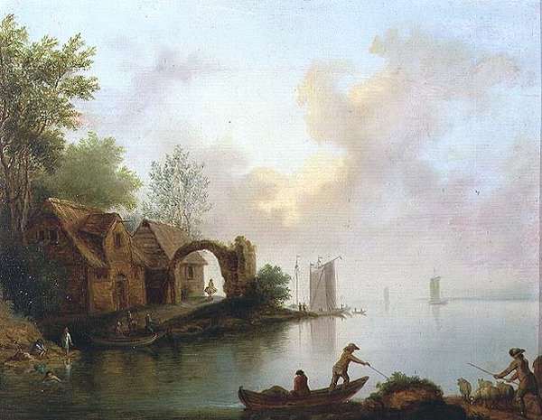 Paisaje fluvial arbolado con barqueros de Johann Heinrich Wust