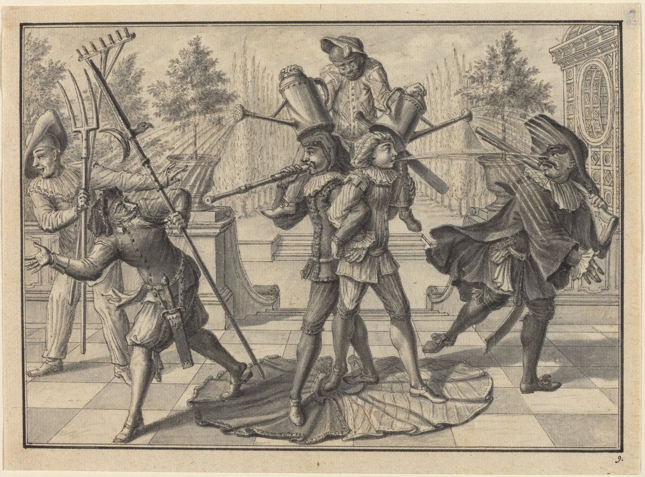 Arlequín y Scaramouche crean una "fuente" de Johann Jacob Schubler