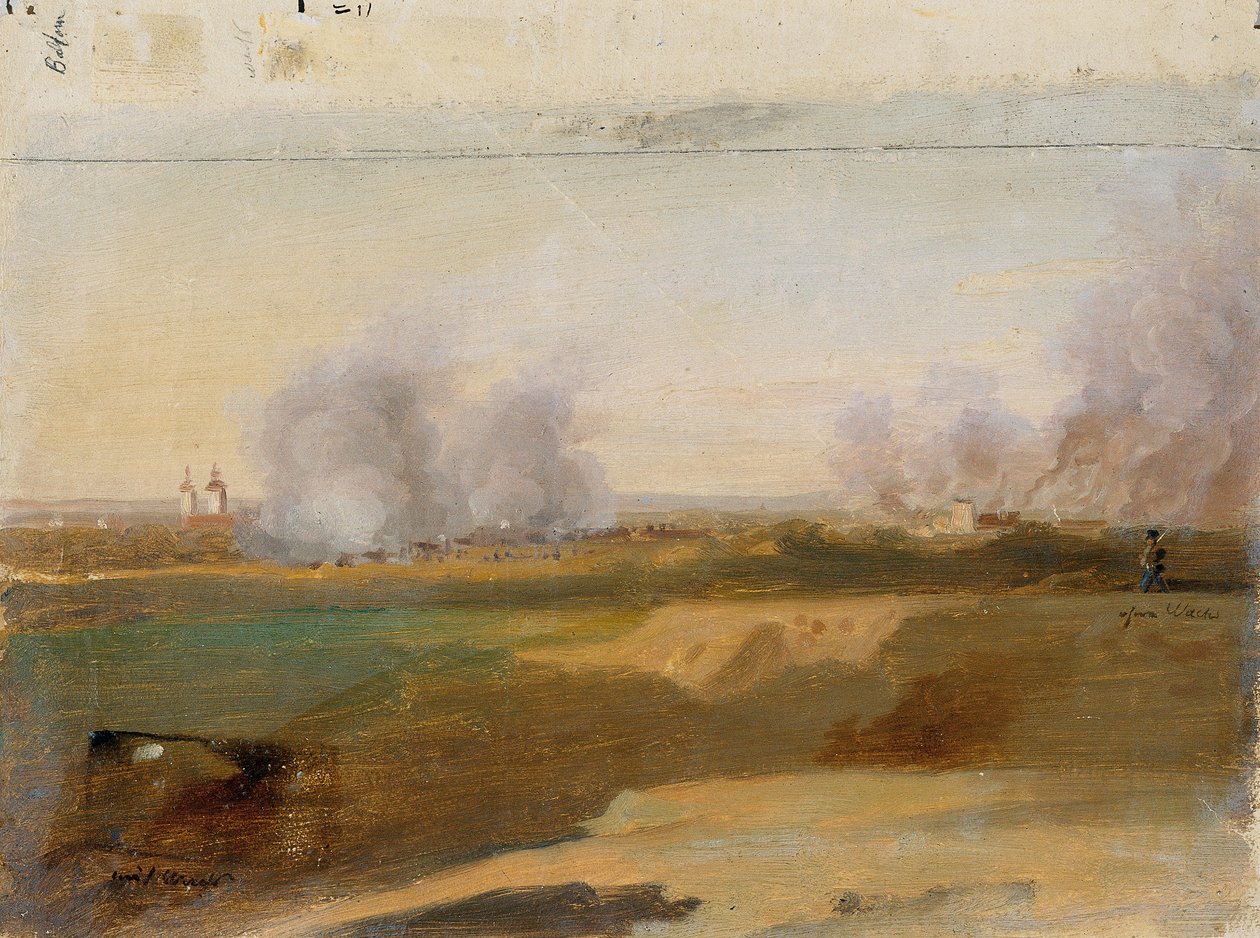 Estudio de paisaje con pueblos en llamas al fondo de Johann Peter Krafft