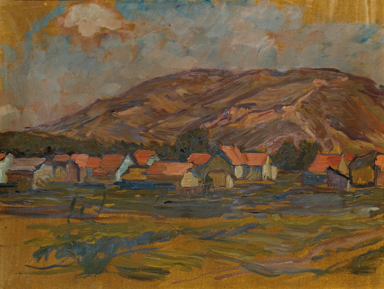 Paisaje con casas y montaña. de Johanna Kampmann Freund