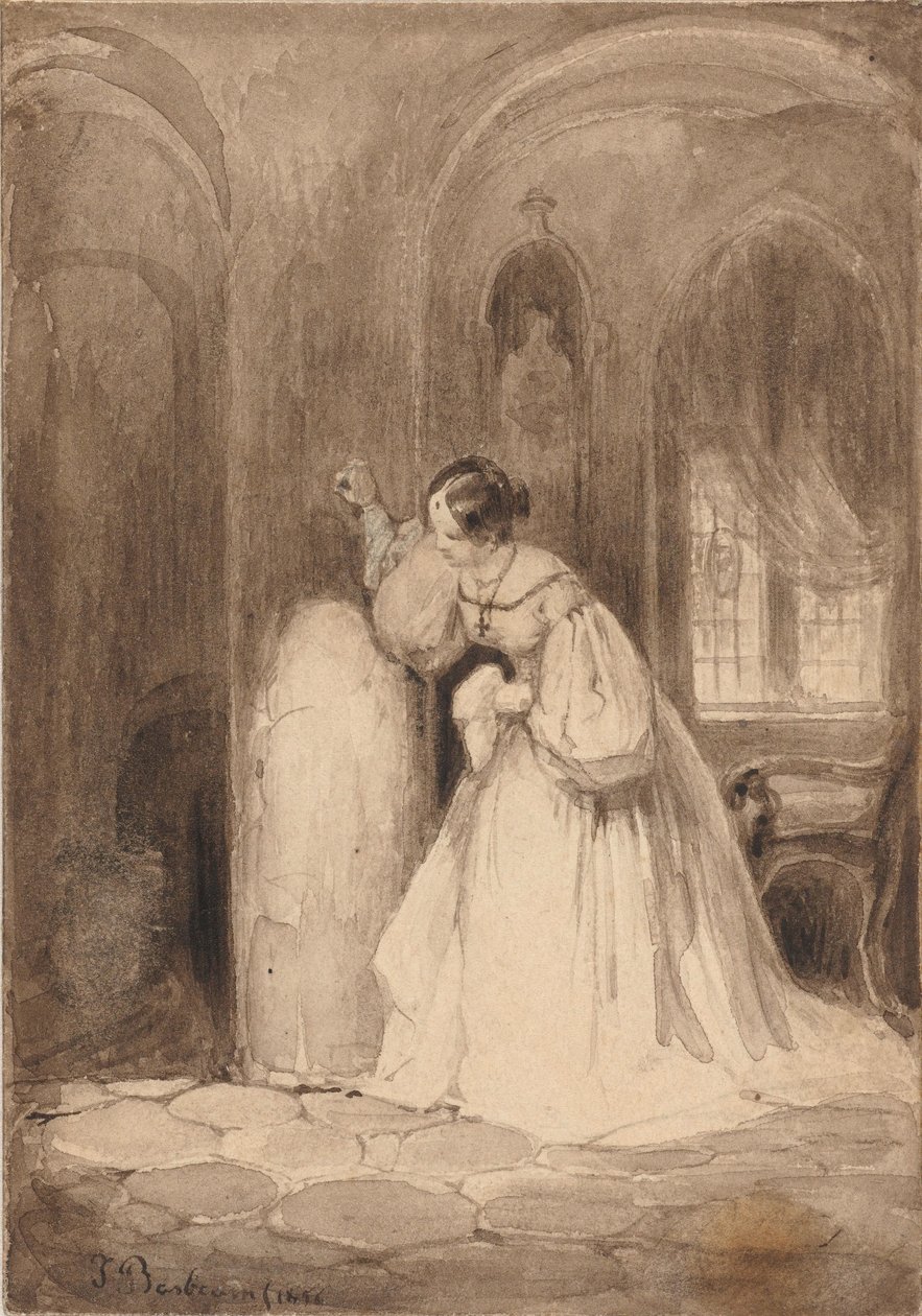 Interior con mujer de pie cerca de una columna de Johannes Bosboom