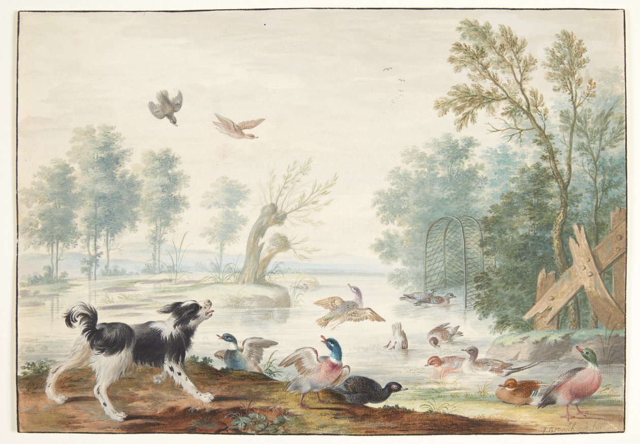 Un perro y patos junto al lago de Johannes Bronckhorst