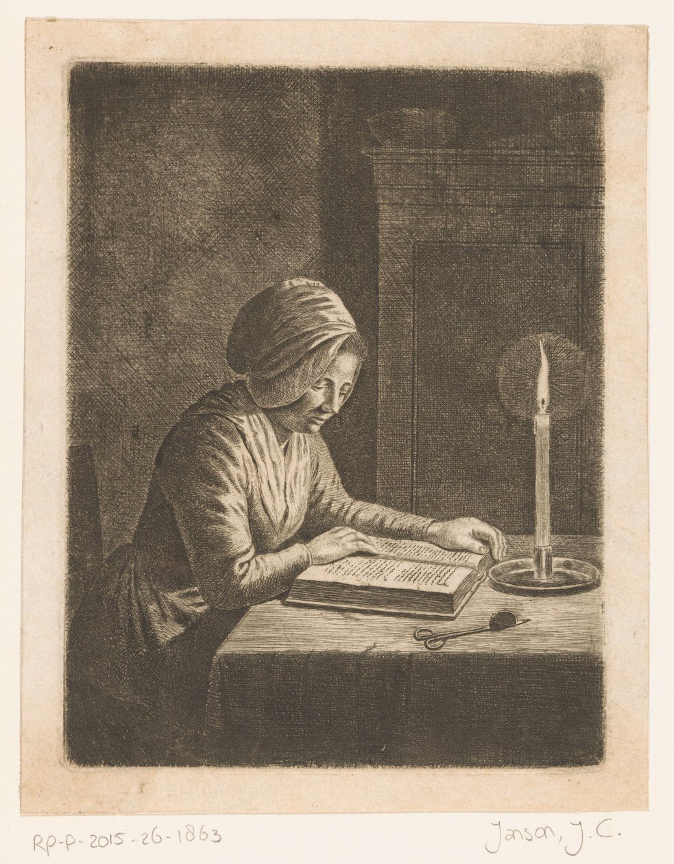 Habitación oscura con mujer lectora de Johannes Christiaan Janson