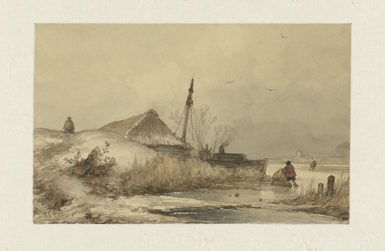 Paisaje invernal con granja junto a la acequia de Johannes Franciscus Hoppenbrouwers
