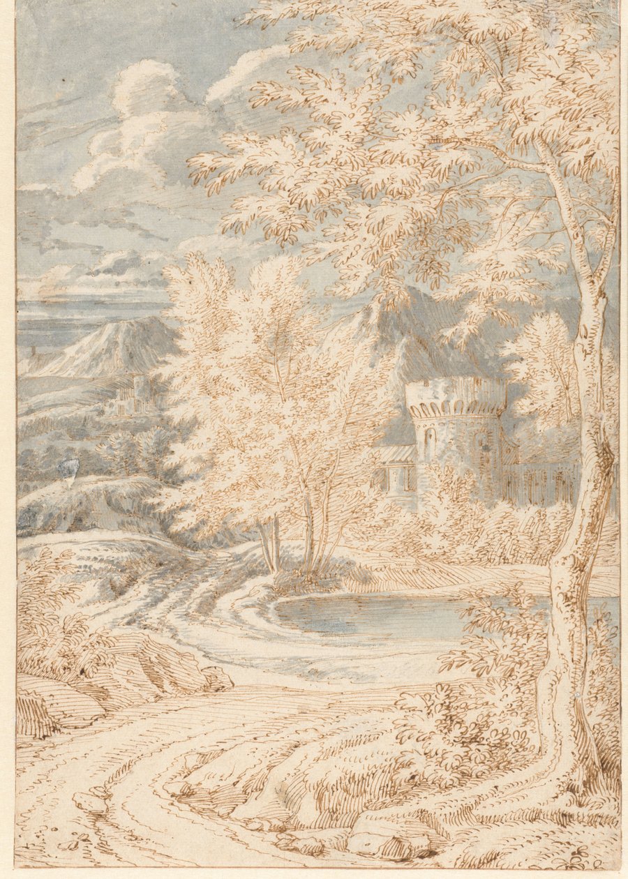 Paisaje montañoso de Arcadia con una torre redonda de Johannes Glauber