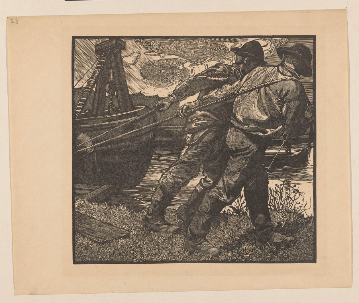 Trabajadores con cuerdas en el banco de Johannes Josephus Aarts