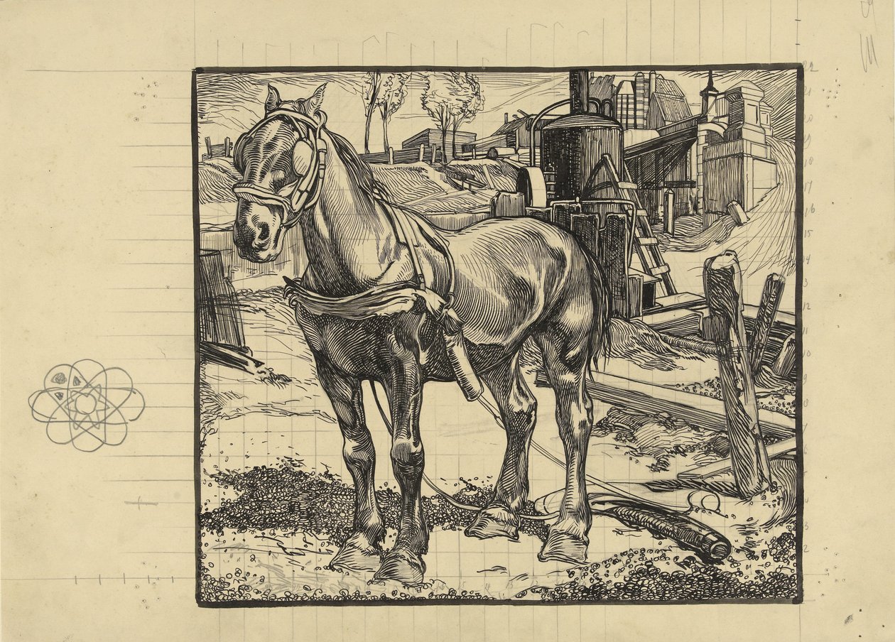 Caballo de trabajo, descansando cerca de un martinete de Johannes Josephus Aarts