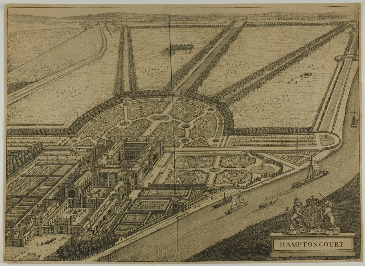 Hampton Court, placa seis de Britannia Illustrata de Johannes Kip