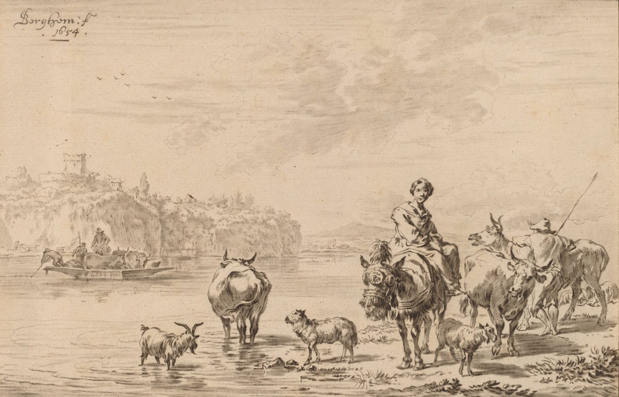 Mujer sentada en una mula, 1769 de Johannes Kornlein