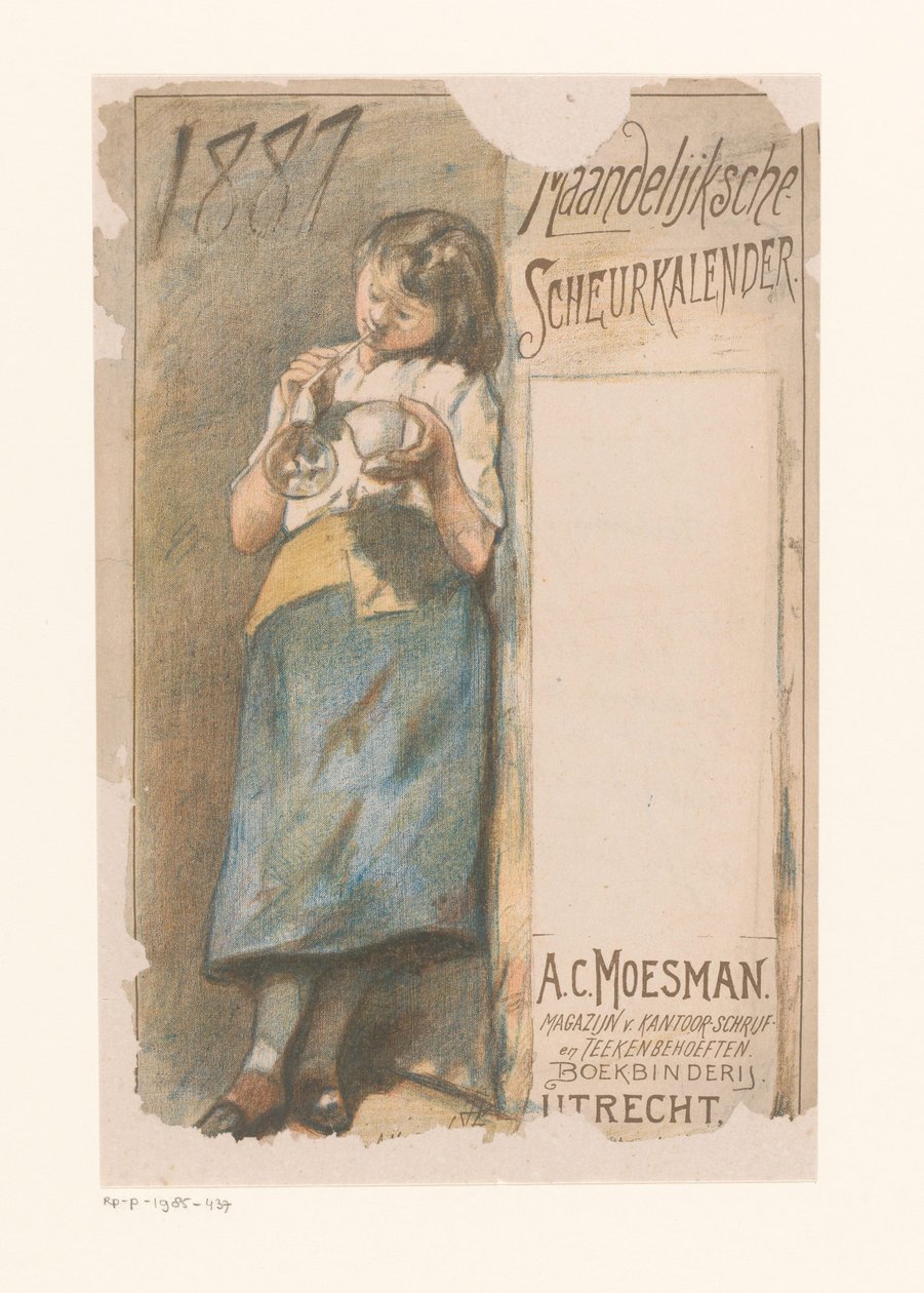Calendario desprendible con niña que hace burbujas Calendario mensual de lágrimas 1887 (título del objeto) de Johannes Moesman
