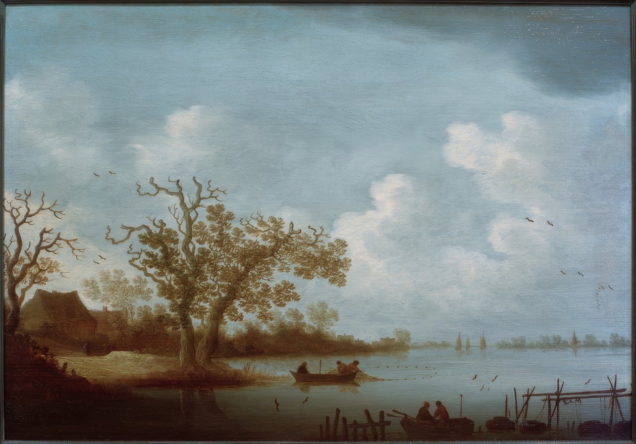 Paisaje fluvial holandés con casas de campo y barcos de pesca de Johannes Pietersz. Schoeff