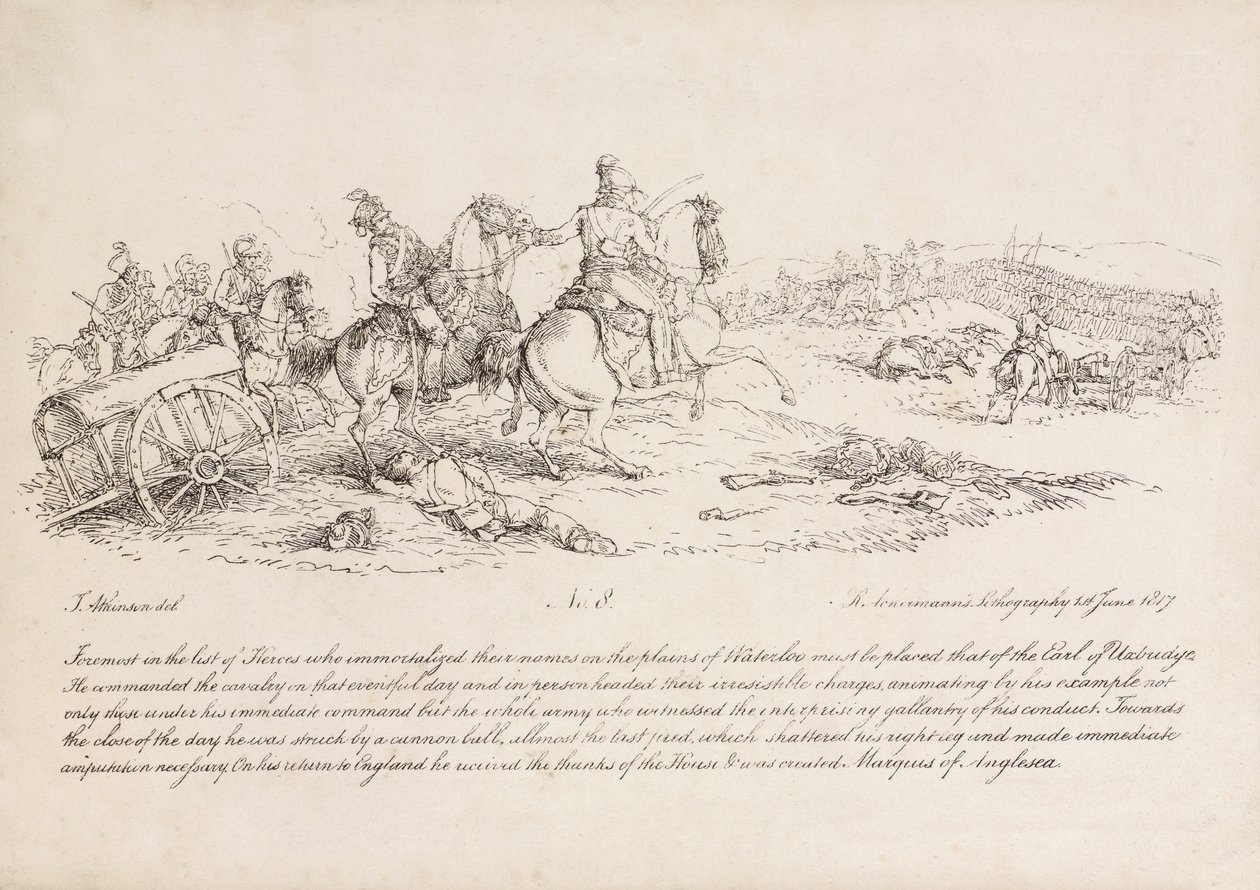 El conde de Uxbridge liderando una carga de caballería en la Batalla de Waterloo, su pierna derecha acaba de ser golpeada por una bala de cañón, litografía de R. Ackermann, 1815 de John Augustus Atkinson