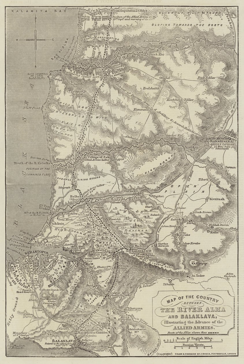 Mapa del país entre el río Alma y Balaklava, ilustrando el avance de los ejércitos aliados de John Dower