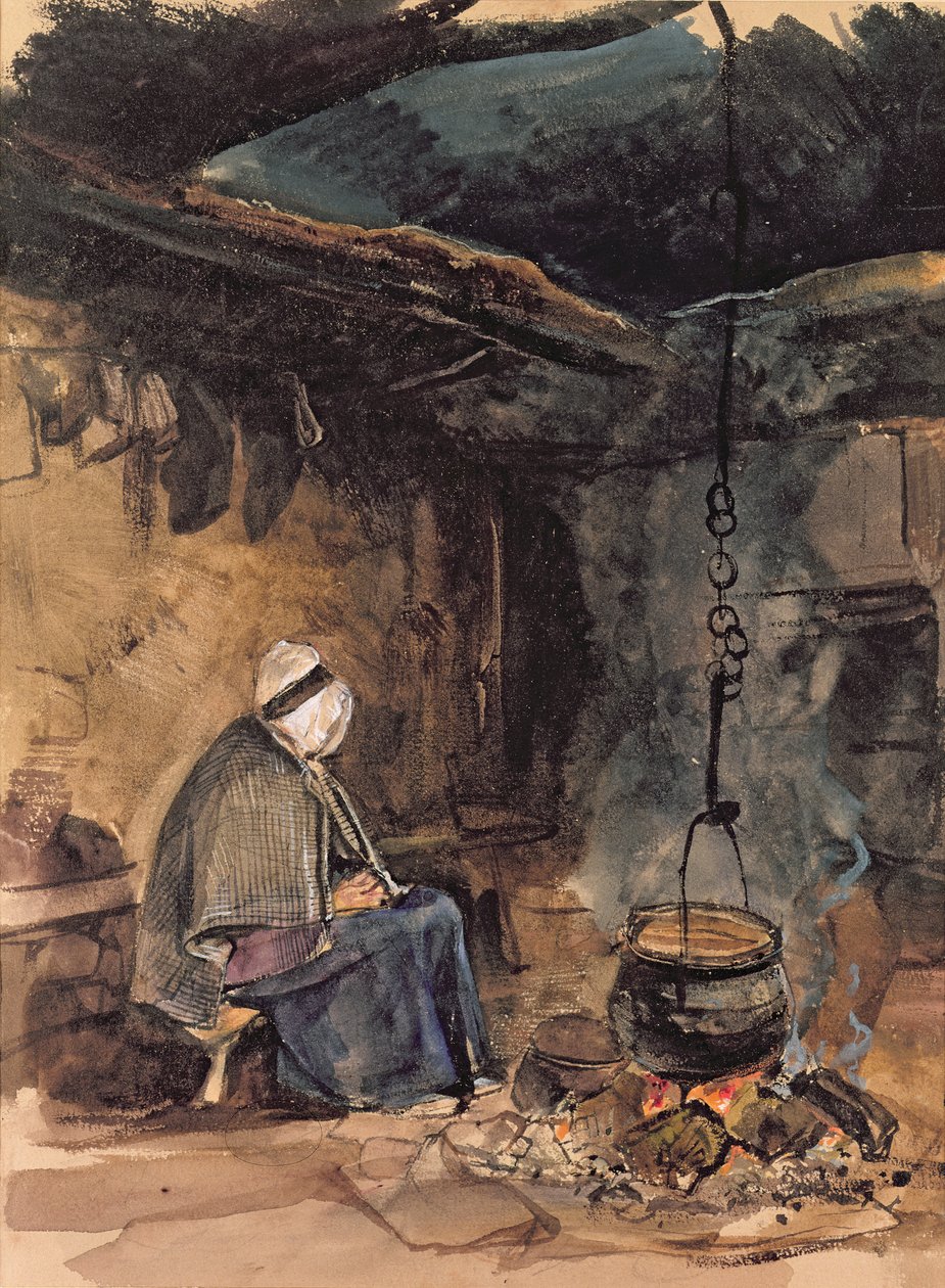 Viendo hervir la olla - interior de una cabaña de John Frederick Lewis
