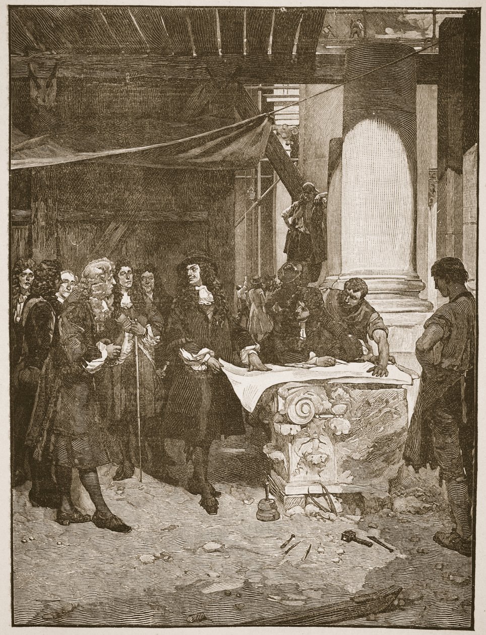 Carlos II visitando a Wren durante la construcción de San Pablo, ilustración de 