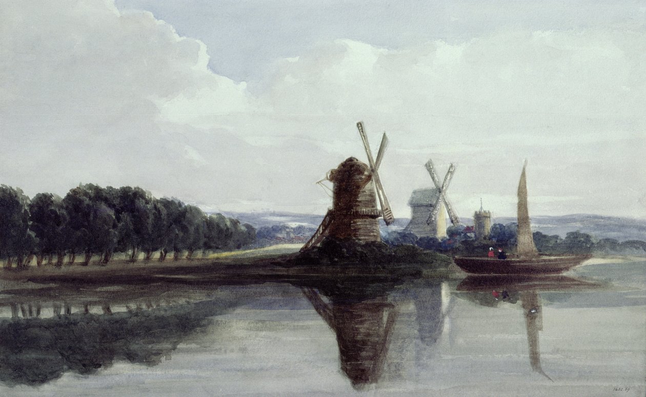 Molinos de Viento junto a un Río, siglo XIX de John Smeaton Chase