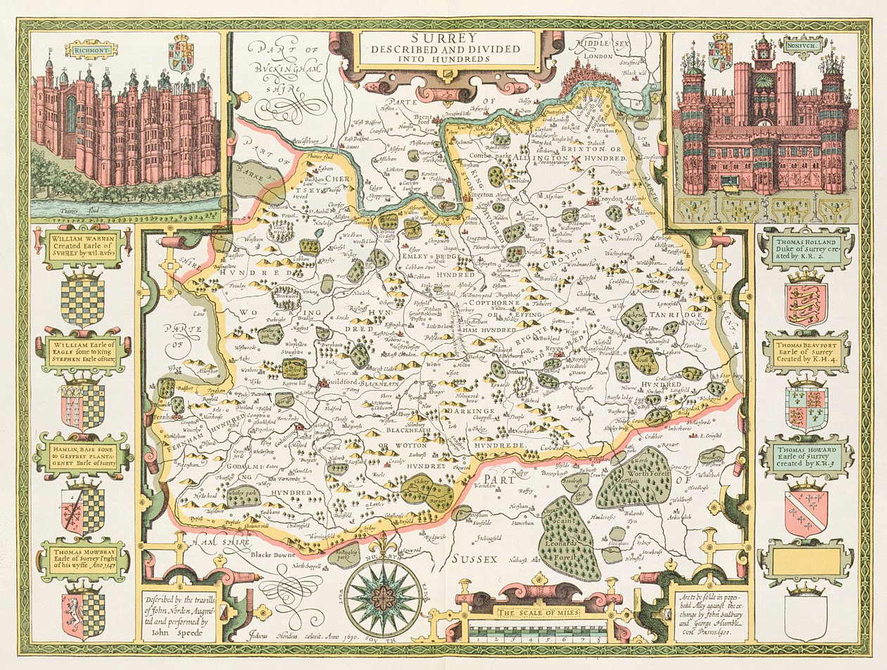 Mapa de Surrey, grabado por Jodocus Hondius (1563-1612) del Teatro del Imperio de Gran Bretaña de John Speed, publicado por John Sudbury y George Humble, 1611-12 de John Speed