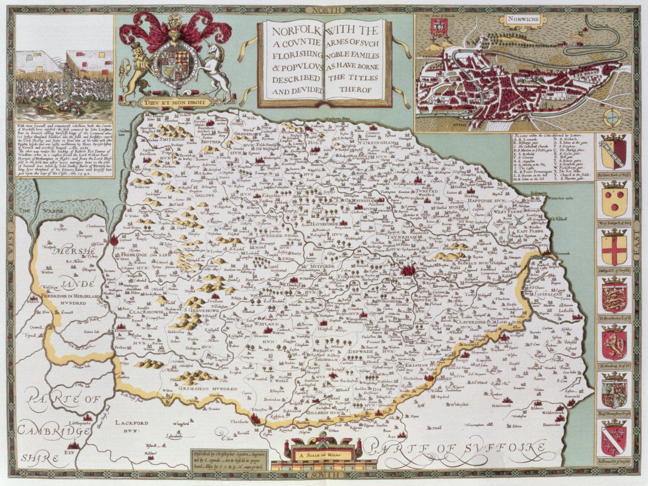 Norfolk, grabado por Jodocus Hondius (1563-1612) de 