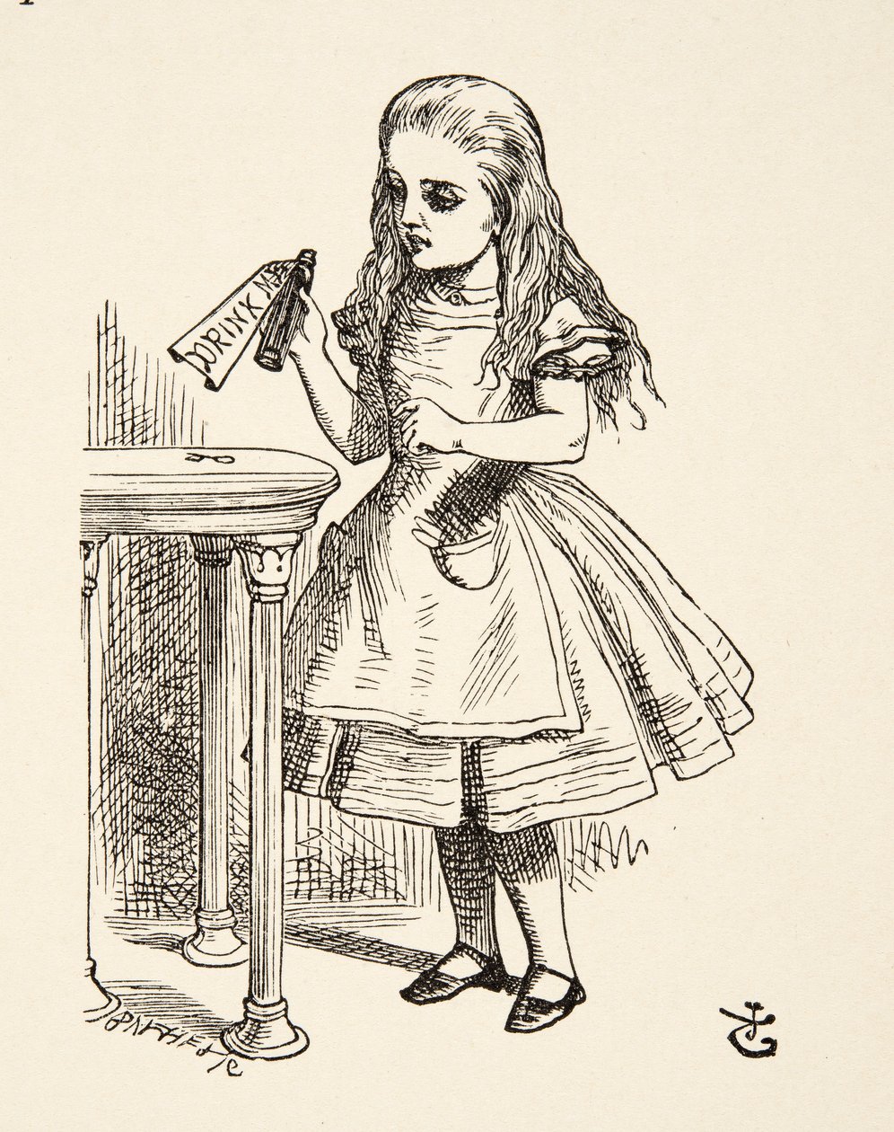 Alicia mirando la botella de Bébeme, de Las aventuras de Alicia en el país de las maravillas de Lewis Carroll, publicado en 1891 de John Tenniel