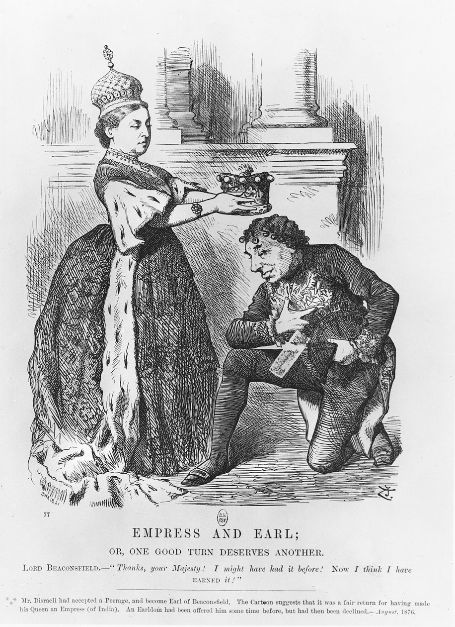 Disraeli recibe un título nobiliario de la Reina Victoria en 1876 de John Tenniel