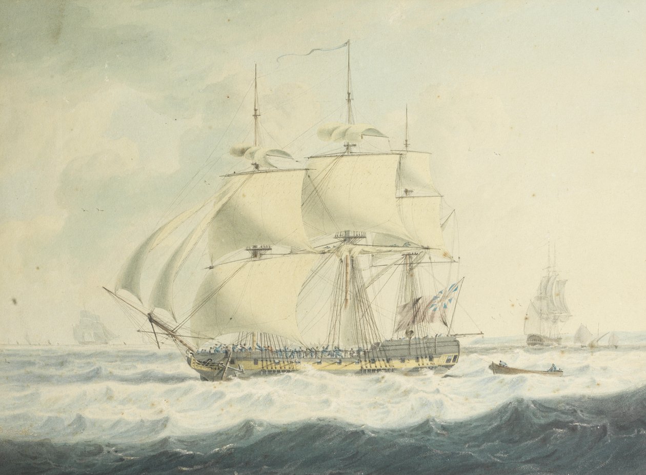 H.M.S. Thisbe navegando por el Canal con velas reducidas en condiciones agitadas, con otros barcos cerca de John Thomas Serres