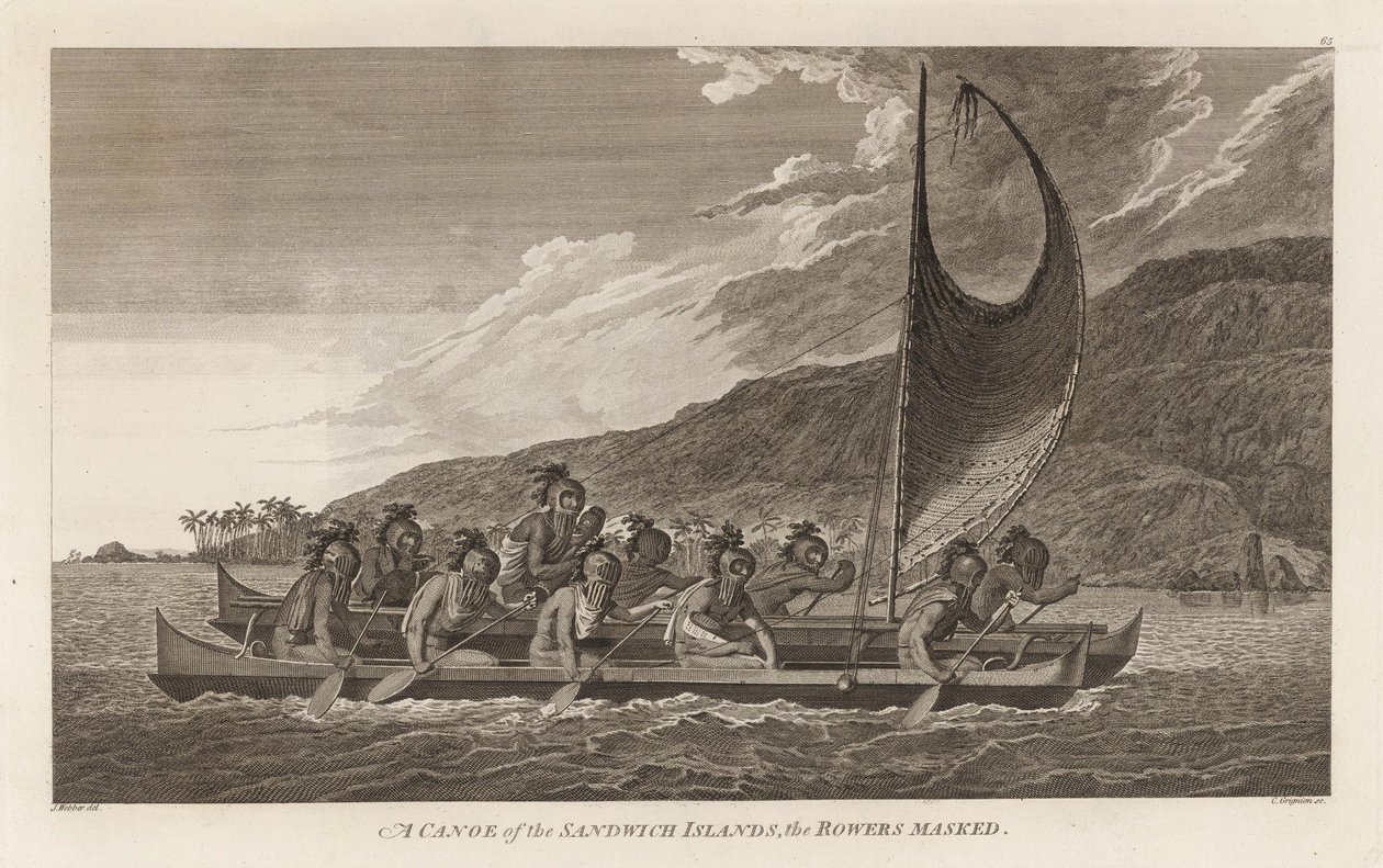 Sacerdotes cruzando la bahía de Kealakekua para rituales de primer contacto de John Webber