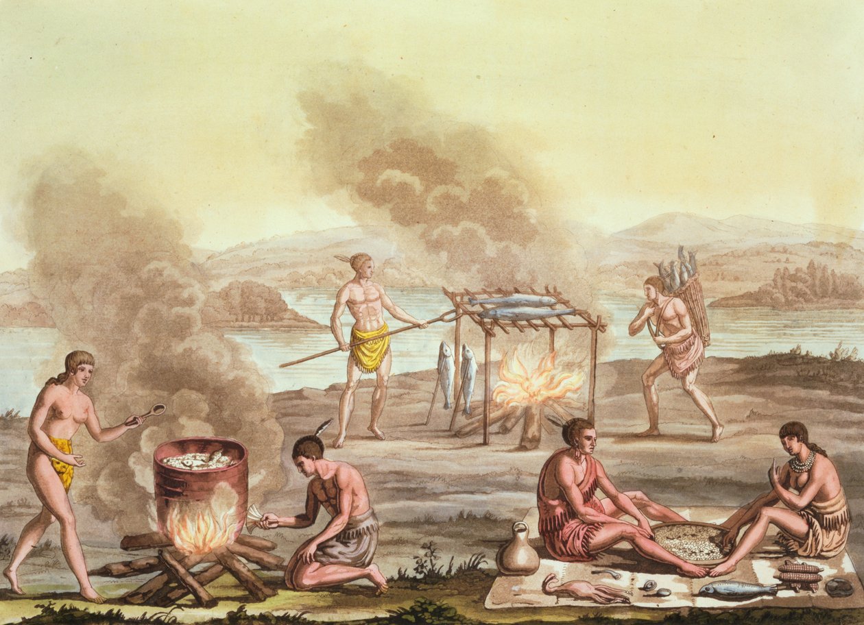 Nativos indígenas de Florida preparando y cocinando comida de John White