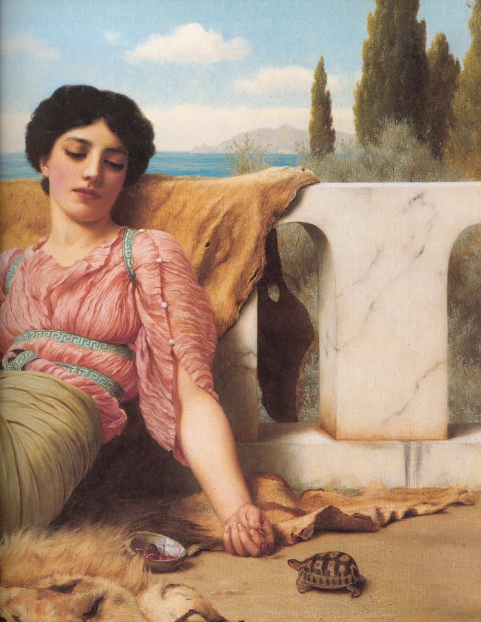 Una Mascota Tranquila (detalle) de John William Godward