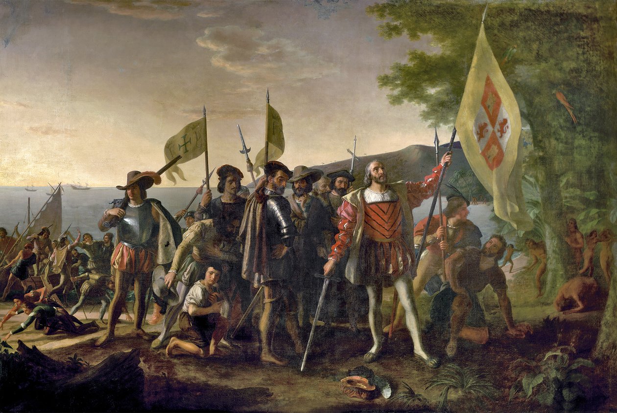Cristóbal Colón desembarcando en San Salvador, Bahamas el 12 de octubre de 1492, pub. 1825 de John after Vanderlyn