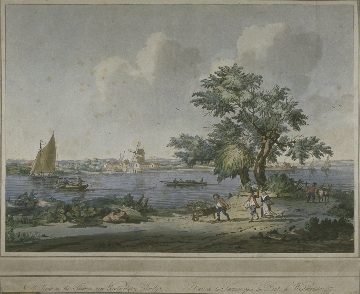 Vista de figuras transportando vegetales a lo largo de la orilla del río Támesis, 1787 de John the Elder Cleveley