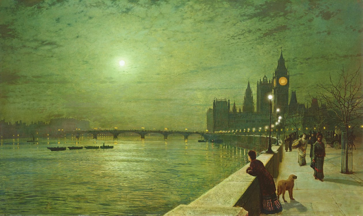 Reflejos de luz en el Támesis en Westminster de John Atkinson Grimshaw
