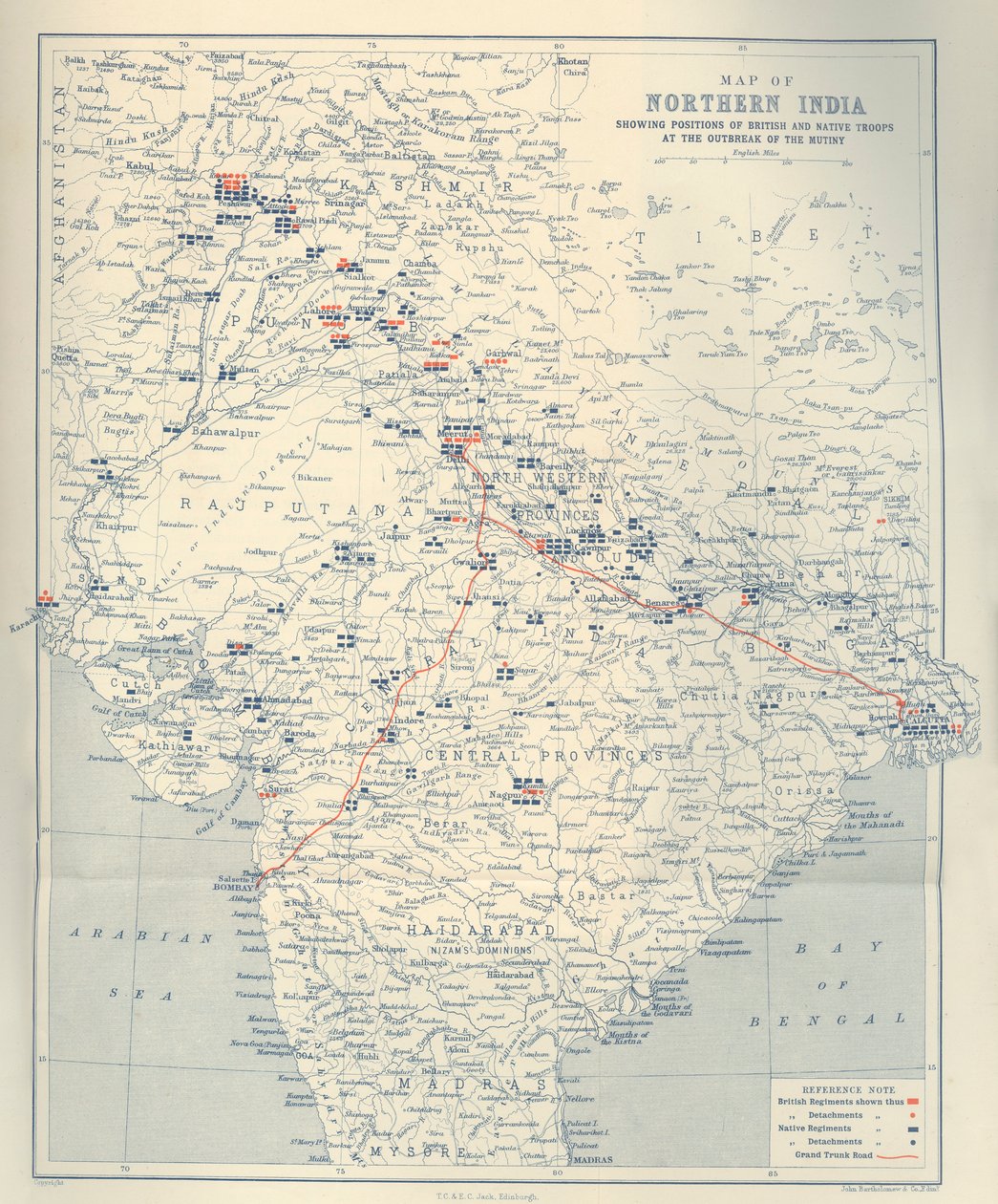 Mapa del norte de India, 1901 de John Bartholomew