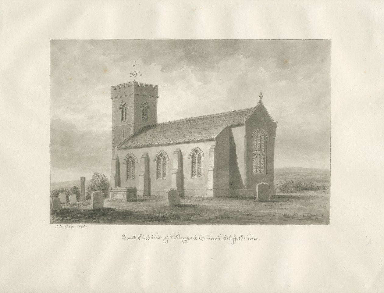 Iglesia de Bagnall: dibujo en sepia, 1848 de John Buckler