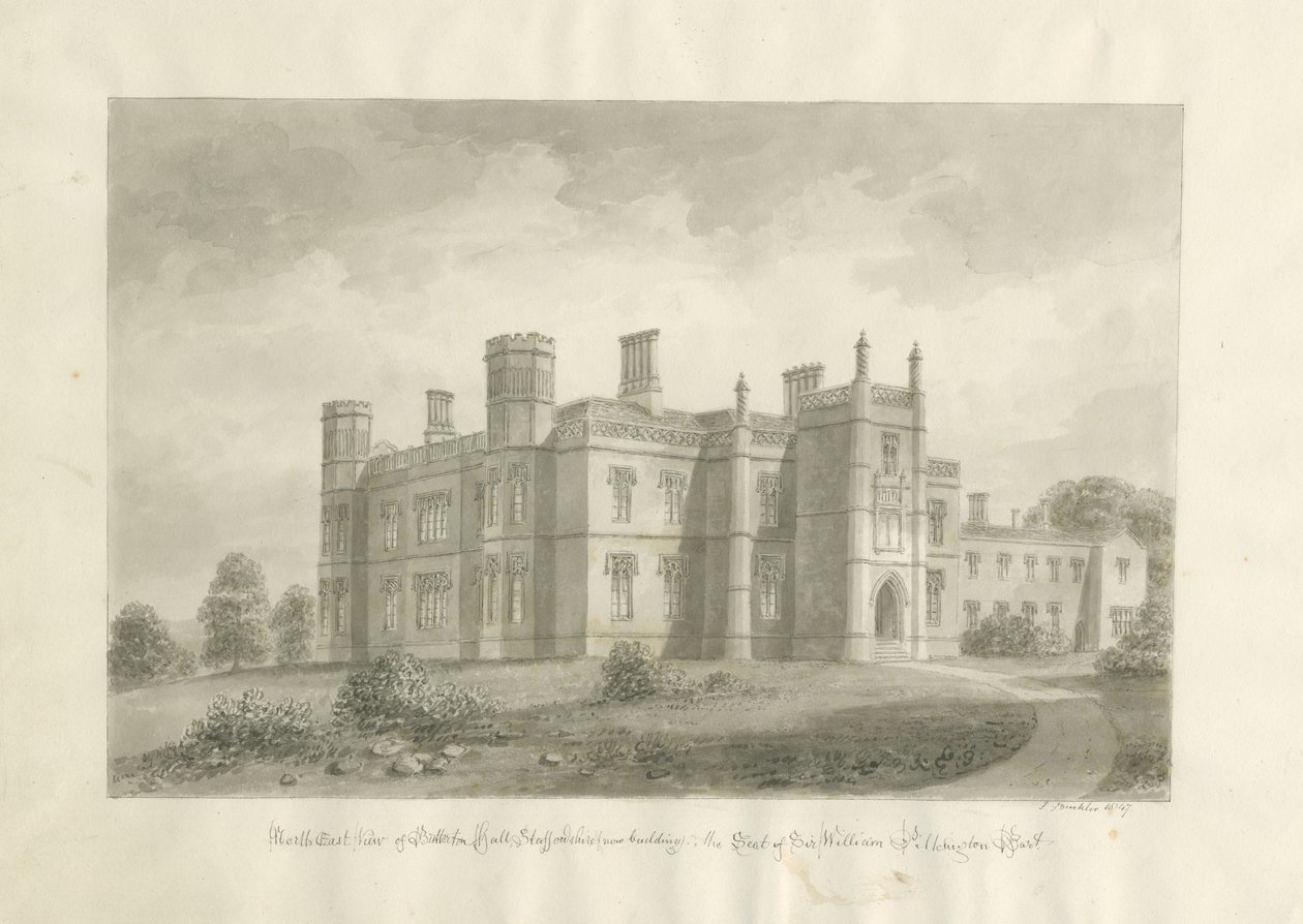 Butterton Hall: dibujo en sepia de John Buckler