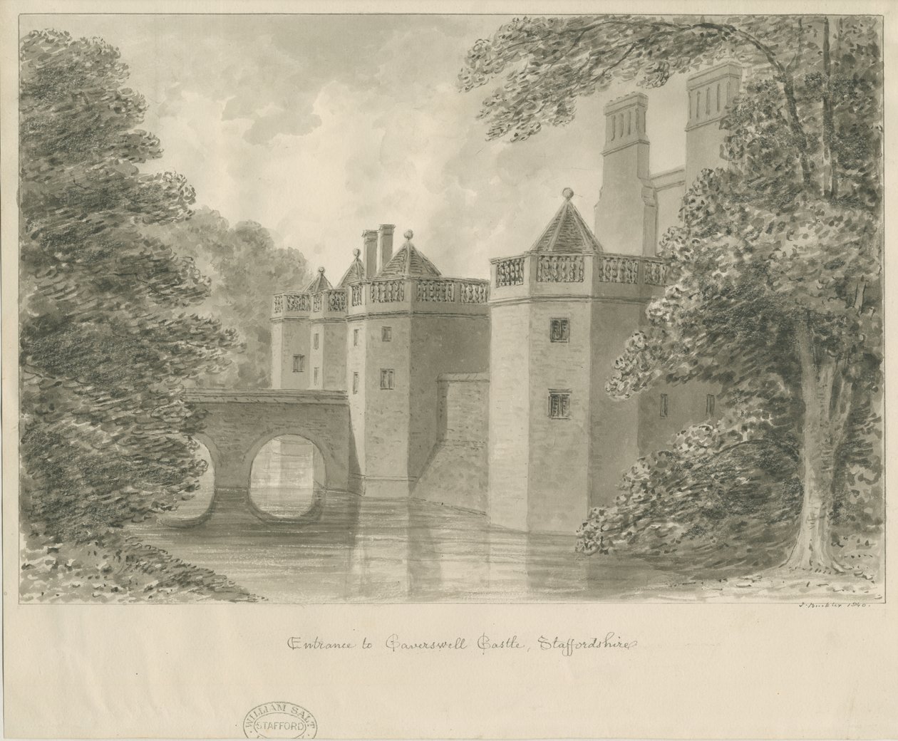 Castillo de Caverswall: dibujo en sepia, 1840 de John Buckler