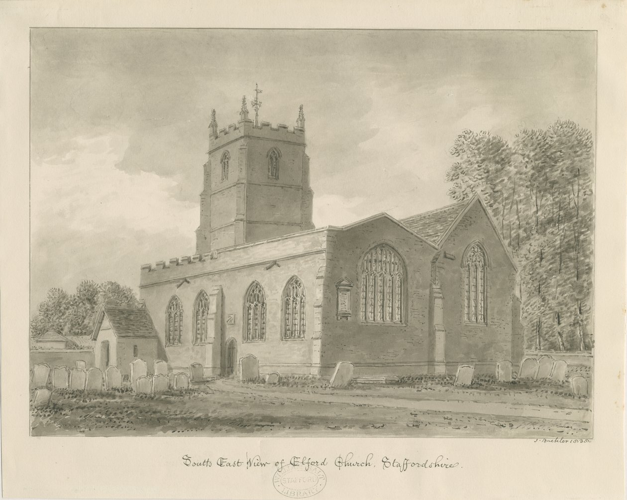 Iglesia de Elford: dibujo en sepia, 1838 de John Buckler