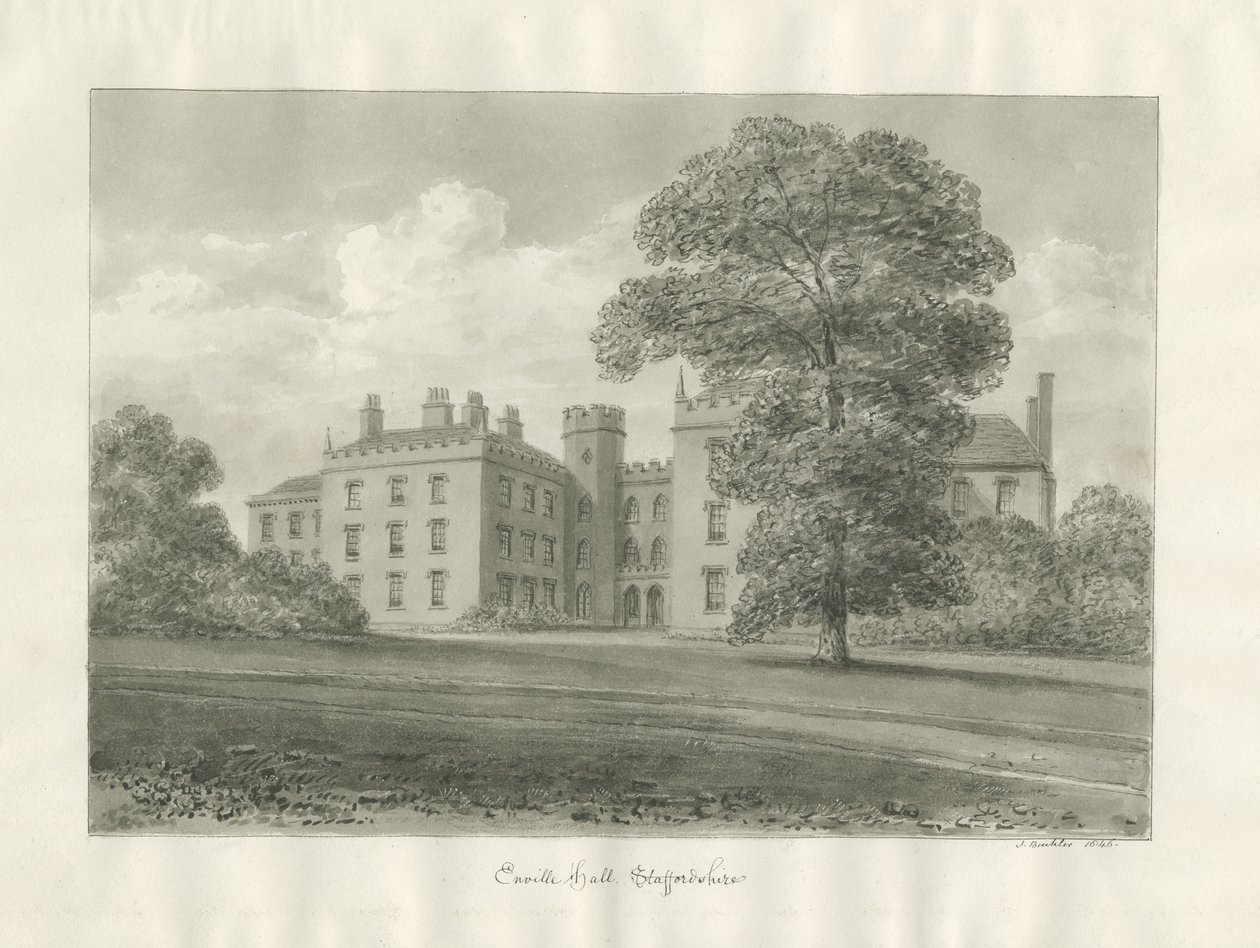 Enville Hall: dibujo en sepia de John Buckler