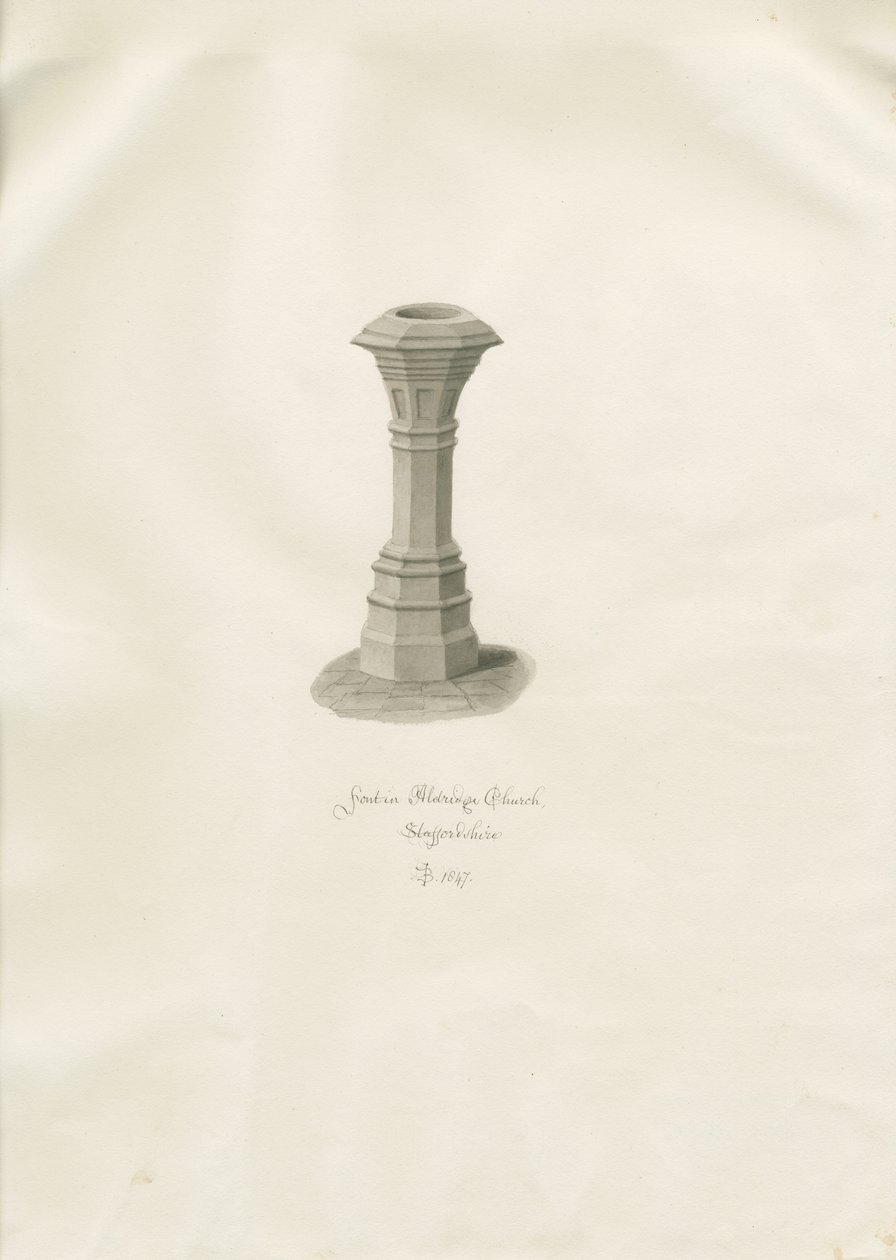 Pila bautismal en la Iglesia de Aldridge: dibujo en sepia de John Buckler