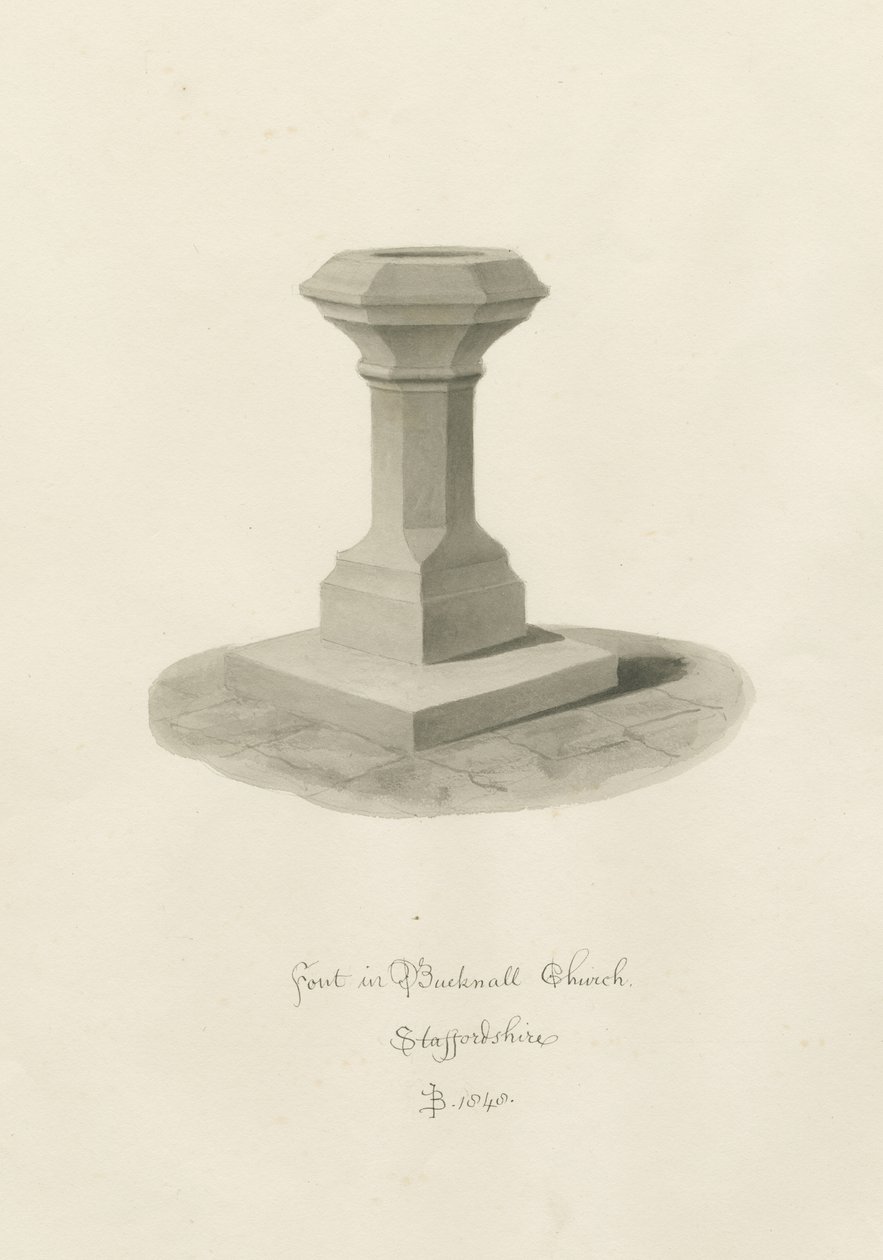 Pila bautismal en la Iglesia de Bucknall de John Buckler