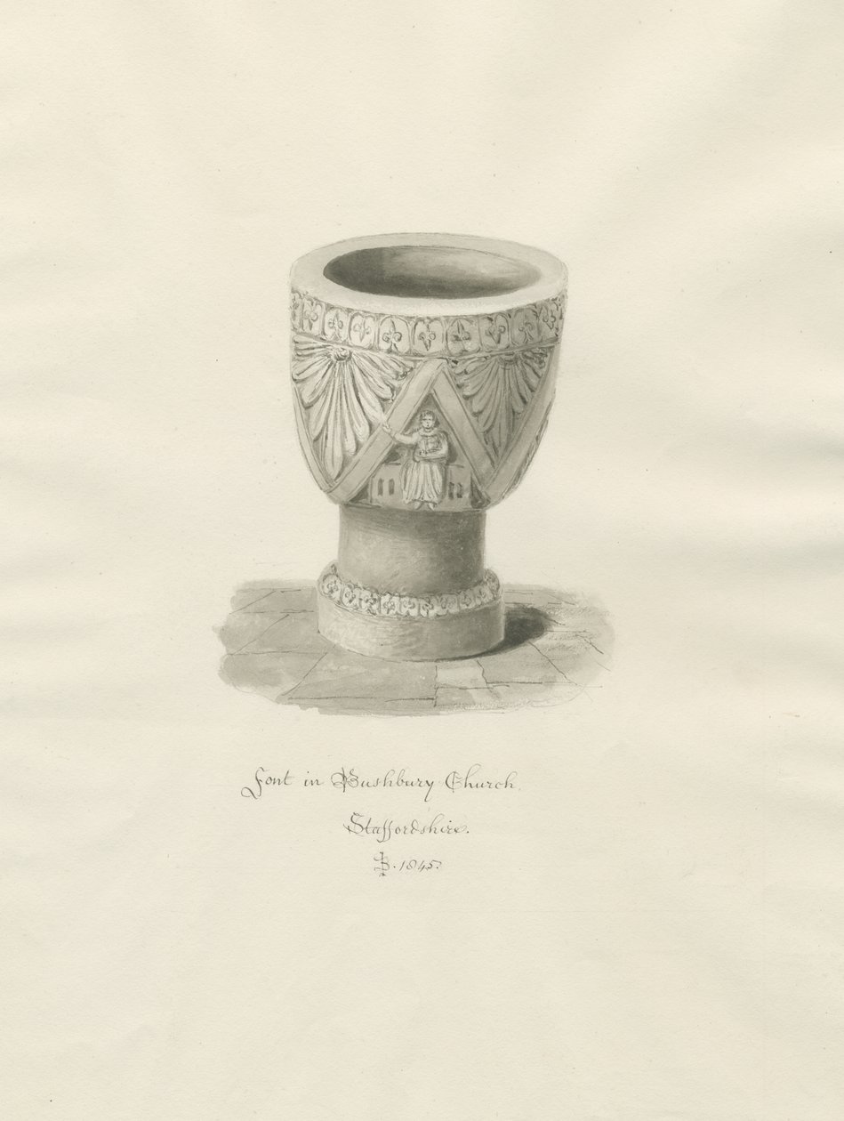 Pila bautismal en la Iglesia de Bushbury de John Buckler