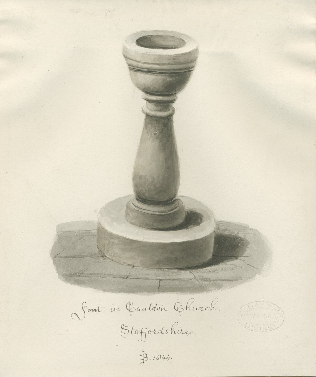 Pila bautismal en la Iglesia de Cauldon: dibujo en sepia de John Buckler