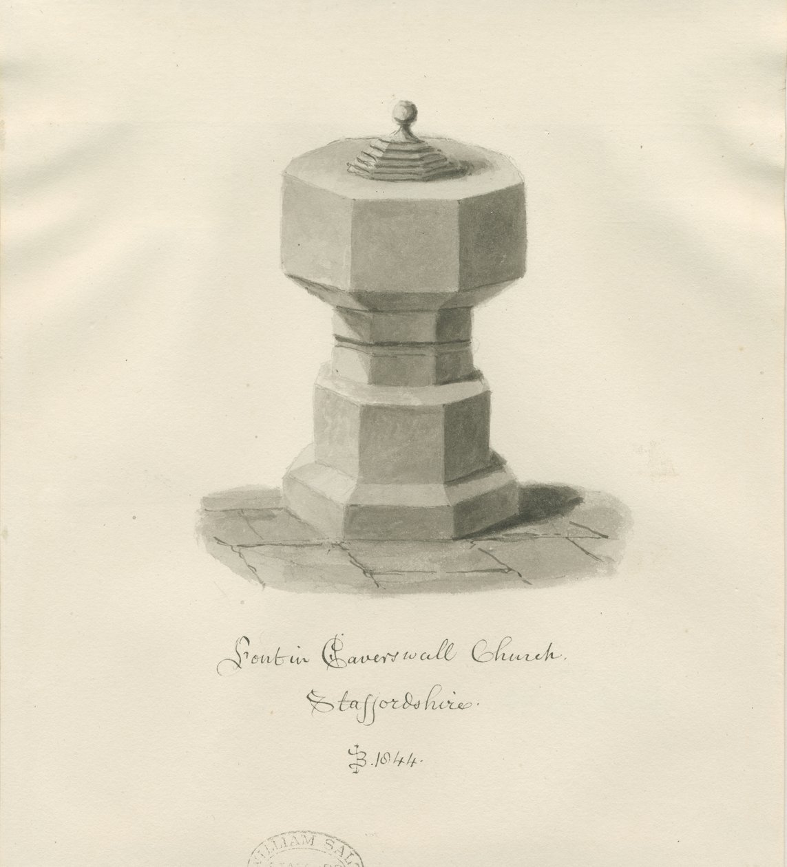Pila bautismal en la Iglesia de Caverswall: dibujo en sepia de John Buckler