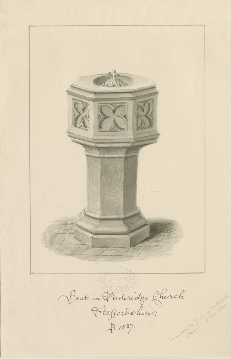 Pila bautismal en la Iglesia de Penkridge: dibujo en sepia de John Buckler