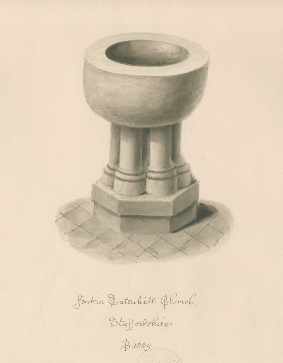 Pila bautismal en la Iglesia de Tatenhill de John Buckler