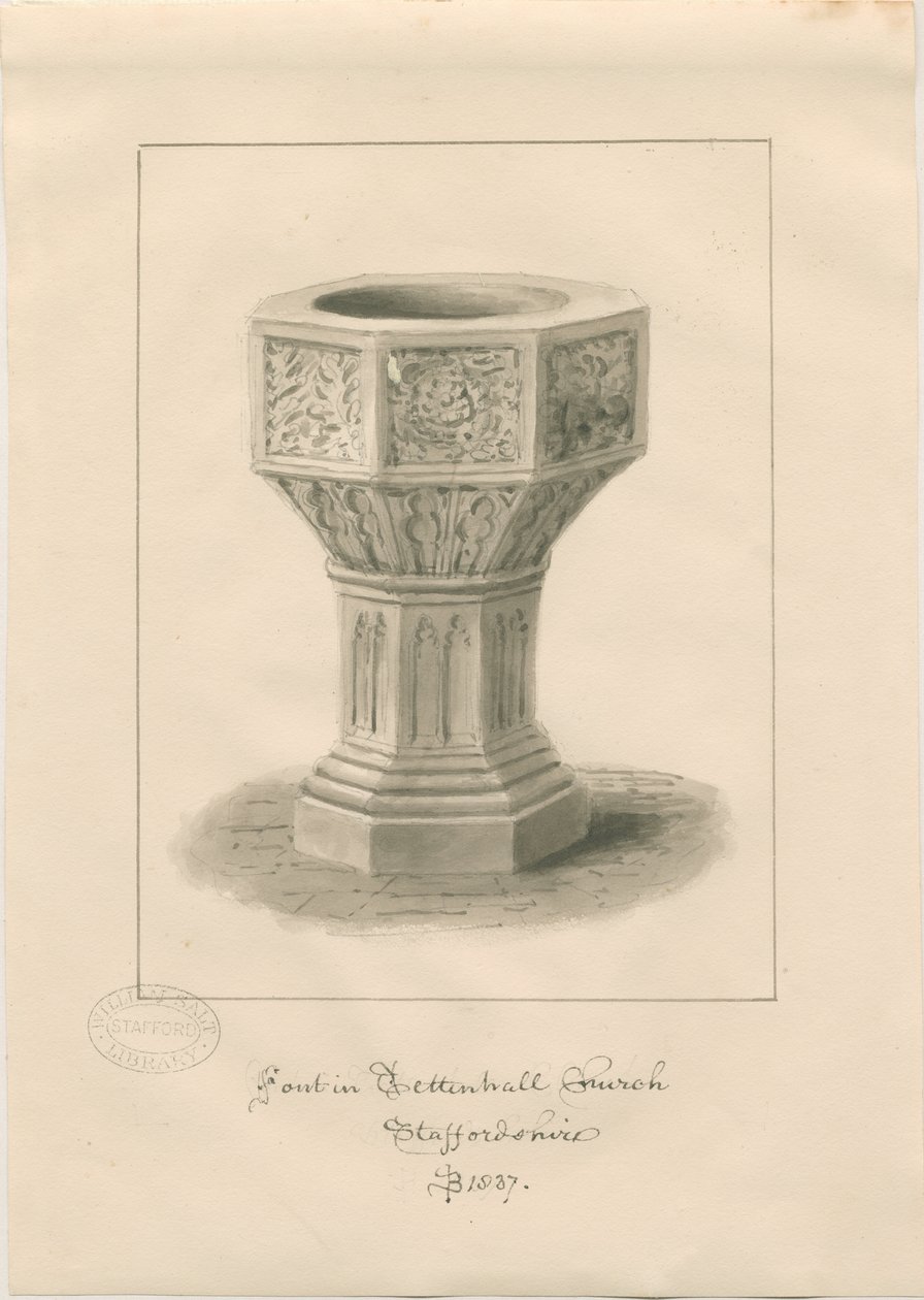 Fuente en la Iglesia de Tettenhall: dibujo en sepia de John Buckler
